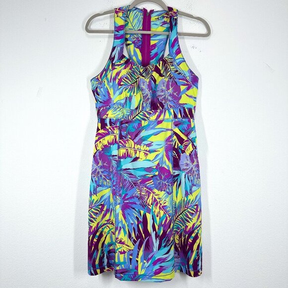 Title Nine Arabella Nimblene Halter Dress Purple Palm Trees Back Zip SUP Size 8 - Picture 1 of 9